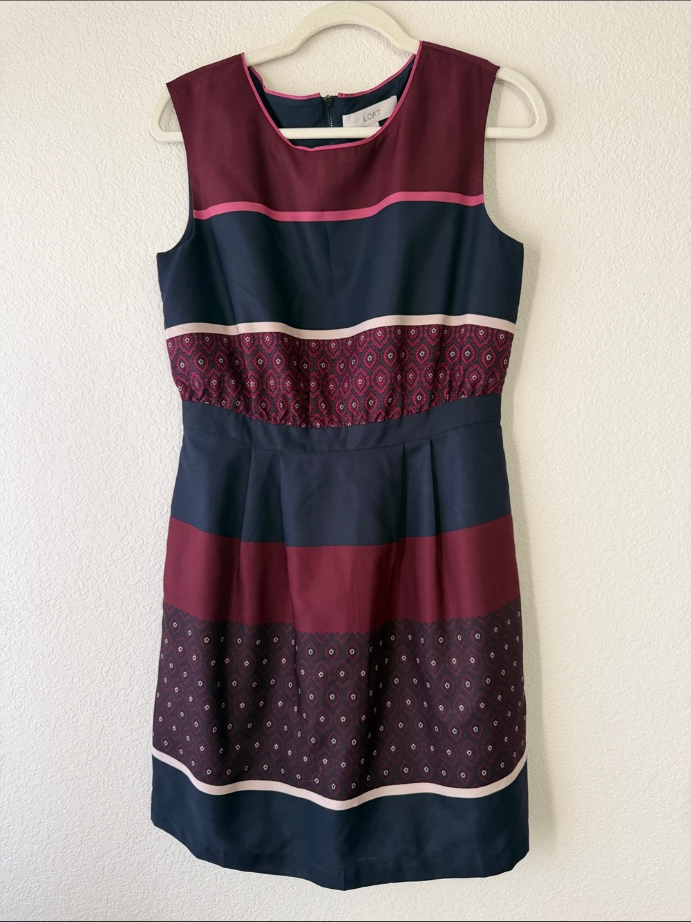 LOFT Navy, Wine and Pink Sleeveless Patterned Fit-and-Flare Dress